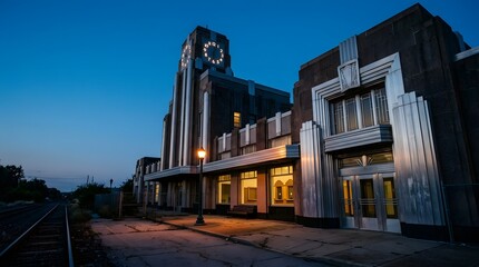 Art Deco Architecture Building Facade at Twilight Blue Sky