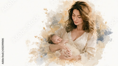 A mother experiences the joy of holding her newborn for the first time surrounded by warm colors and soft botanical shapes.