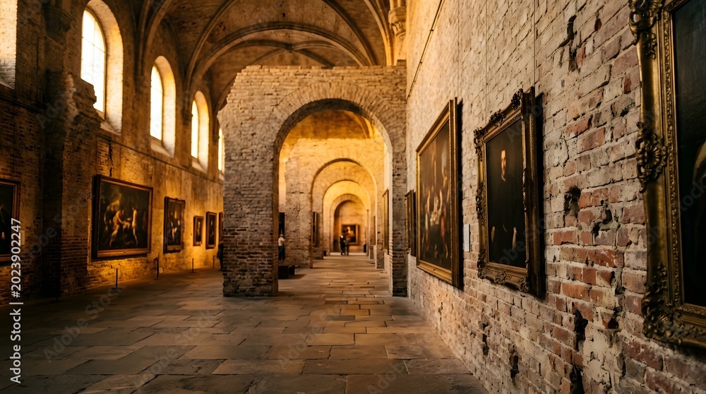 Obraz premium Historic arched corridor with classical paintings and dramatic light