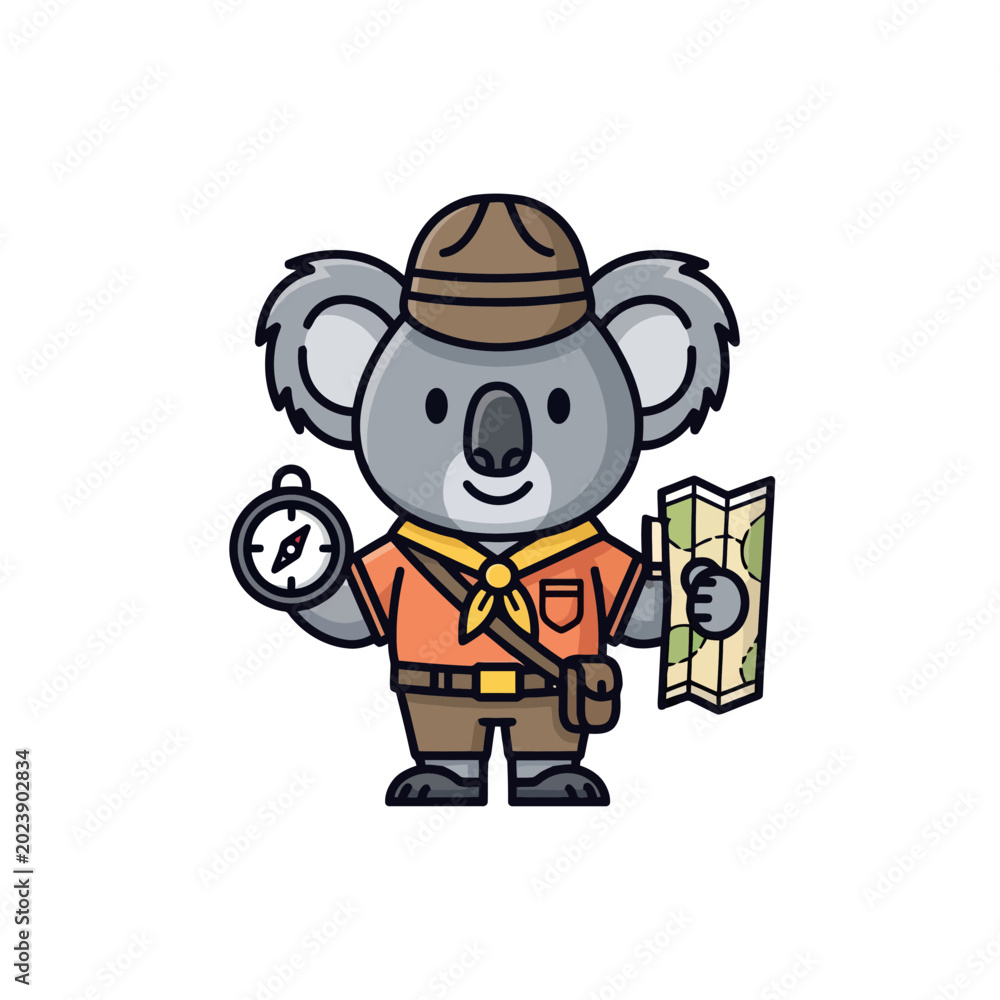 Fototapeta premium Cute Koala Scout with Compass and Map Ready for Adventure.