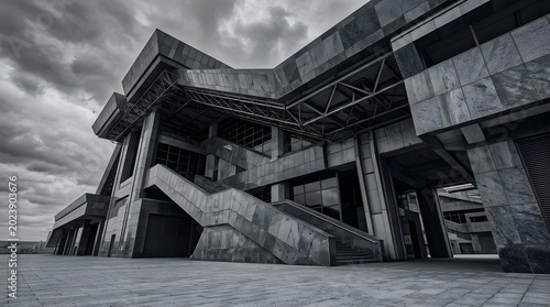 Modern brutalist architecture facade under dramatic cloudy sky