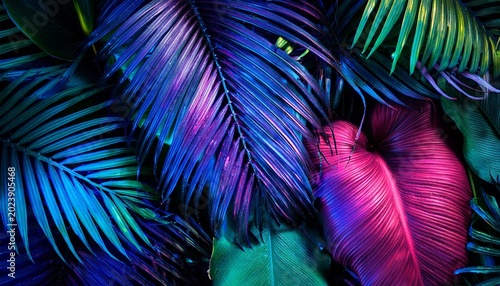 creative fluorescent color layout made of tropical leaves flat lay neon colors nature concept