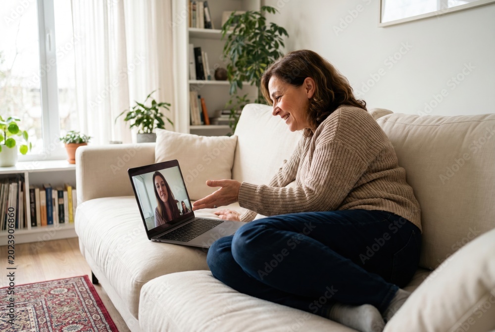 Fototapeta premium Smiling mature woman sitting on a comfortable sofa at home having a video call on her laptop