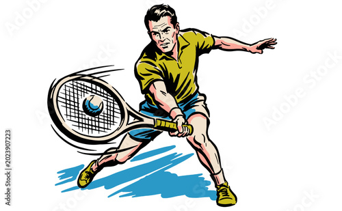 Konstfotografi Retro tennis player illustration hitting backhand shot