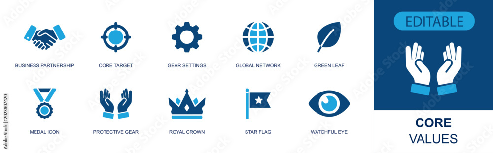 Obraz premium Core values icon set. Containing business partnership, target, gear settings, global network, green leaf, medal, protective hands, crown, star flag and more. Solid fill vector icons.