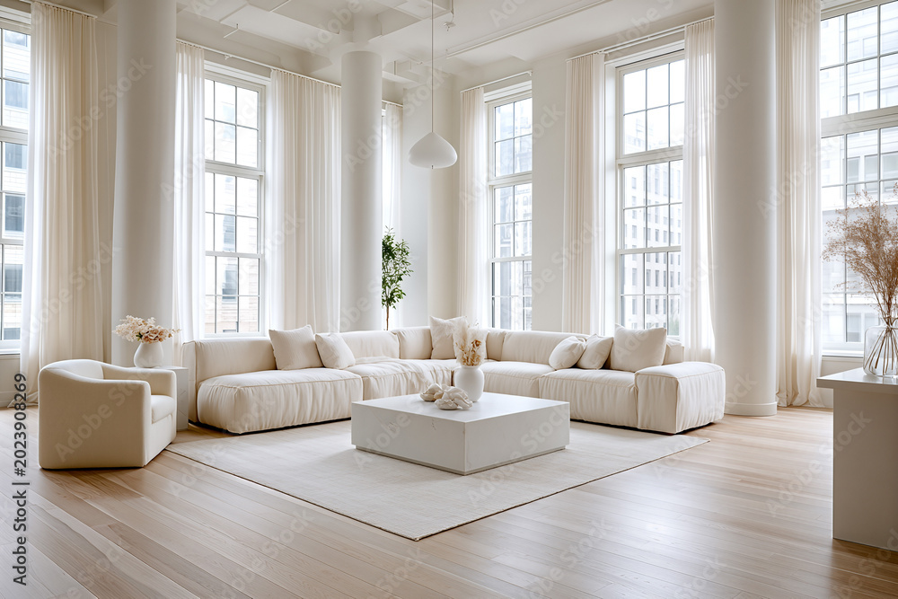 Fototapeta premium Spacious, Modern Living Room with High Ceilings, Light Wood Flooring, and Abundant Natural Light