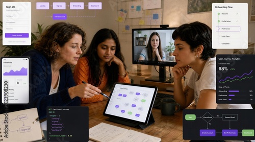 Female user experience designers conducting a collaborative interface workshop over a video call