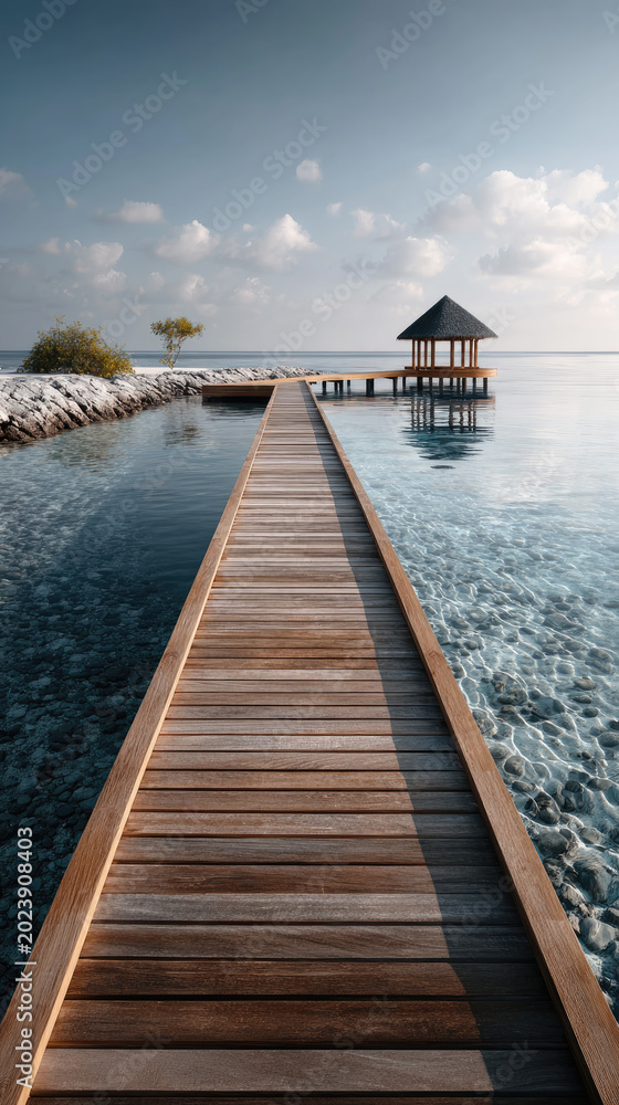 Obraz premium Wooden pier stretches over transparent ocean reflecting a white sandy beach and an exotic resort gazebo, inviting travelers to a peaceful vacation experience