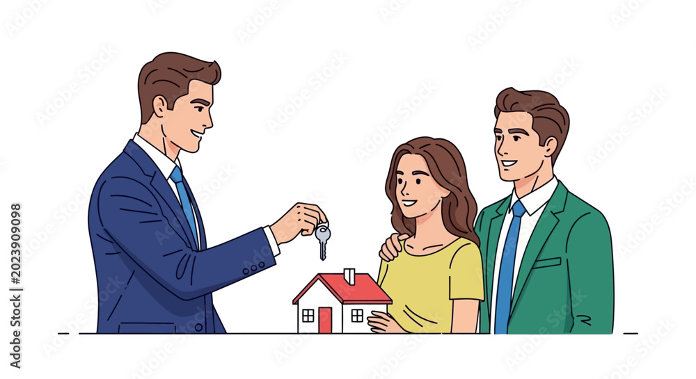 Fototapeta premium Vector Illustration of a Real Estate Agent Handing Over Keys to a Young Couple for Their New Home