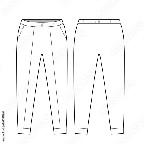 Fashion technical flat sketch of women's oversized joggers with elastic drawstring waistband side pockets and ribbed cuffs for apparel design.