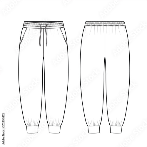 Fashion technical flat sketch of women's oversized joggers with elastic drawstring waistband side pockets and ribbed cuffs for apparel design.