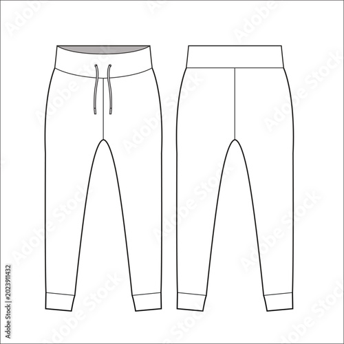 Fashion technical flat sketch of women's oversized joggers with elastic drawstring waistband side pockets and ribbed cuffs for apparel design.