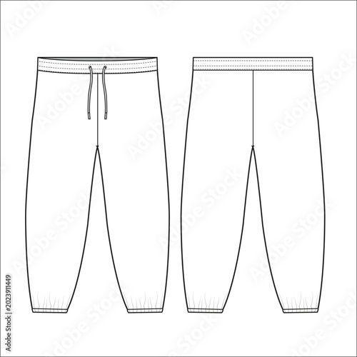 Fashion technical flat sketch of women's oversized joggers with elastic drawstring waistband side pockets and ribbed cuffs for apparel design.