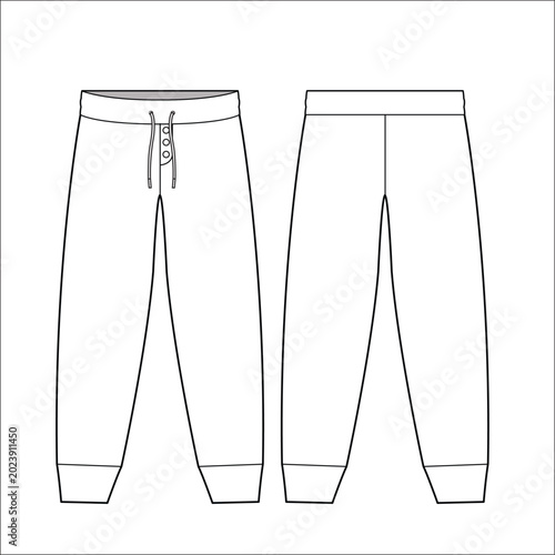 Fashion technical flat sketch of women's oversized joggers with elastic drawstring waistband side pockets and ribbed cuffs for apparel design.