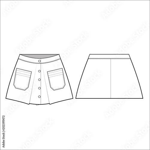 Button Down Short Denim Skirt Front and Back View. Fashion Illustration, Vector, CAD, Technical Drawing, Flat Drawing, Template, Mockup.