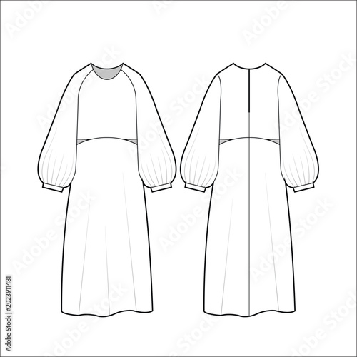 Photos women long sleeve maxi Poet Sleeve dress design vector fashion flat sketch templ