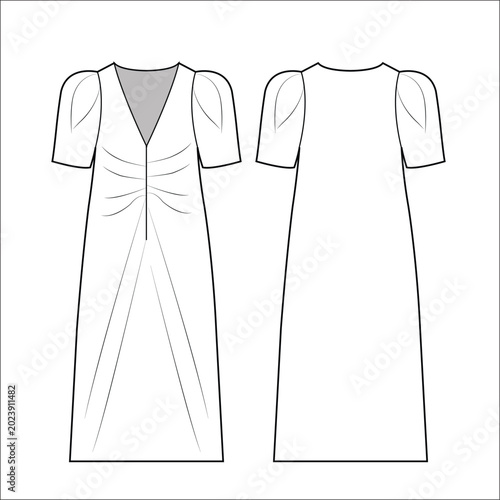 Fashion technical flat drawing of a mid length dress with short sleeves for apparel design