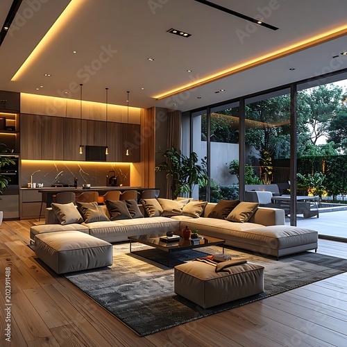 Modern living room with large windows.