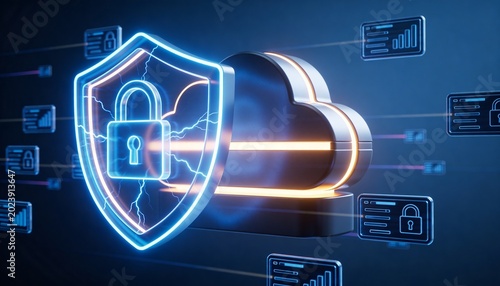 Cloud Storage Electric Blue Energy Shield 3D Render, Luminous Cybersecurity Protection Concept, Encrypted Data Packet Streams, Dark Blue Futuristic Digital Background