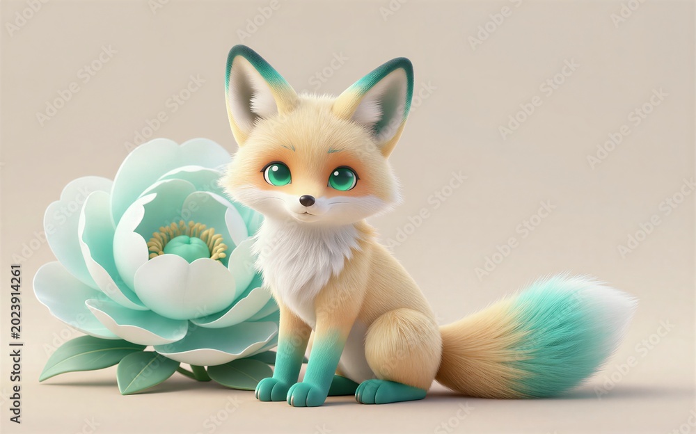 Fototapeta premium Adorable fox with turquoise accents sits beside large soft flowers.