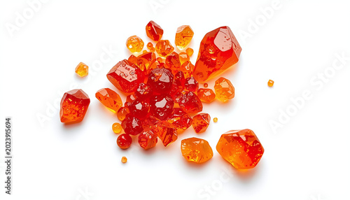 otassium ferricyanide red‑orange – bright orange‑red crystals and solution on white background, chemistry concept, vivid color, laboratory