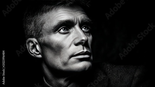 Intense Monochrome Portrait — Contemplative Male Gaze Against Dark Background, Dramatic Lighting