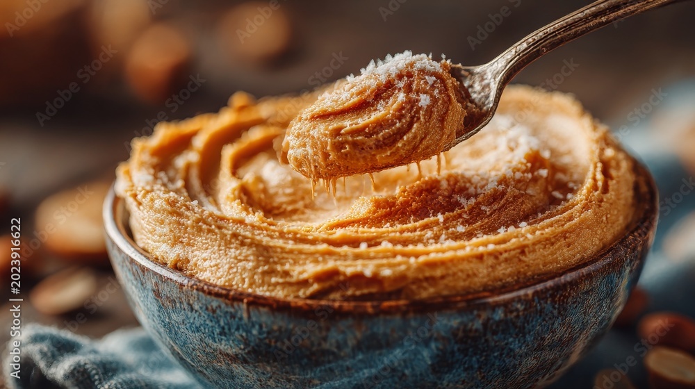 Fototapeta premium Creamy Peanut Butter in Wooden Bowl: Rich Texture with Wooden Spoon — Perfect Snack or Baking Ingredient Close-Up