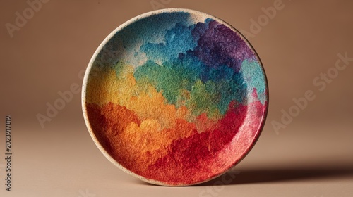 Vibrant Watercolor-Inspired Ceramic Plate — Rainbow Gradient Design on Neutral Background