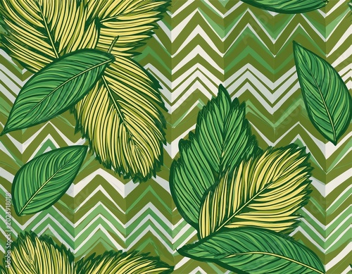 floral seamless pattern with leaves and green zigzag lines tropical background