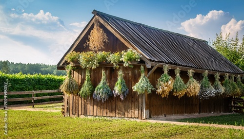 herbs drying on the wooden barn in the garden