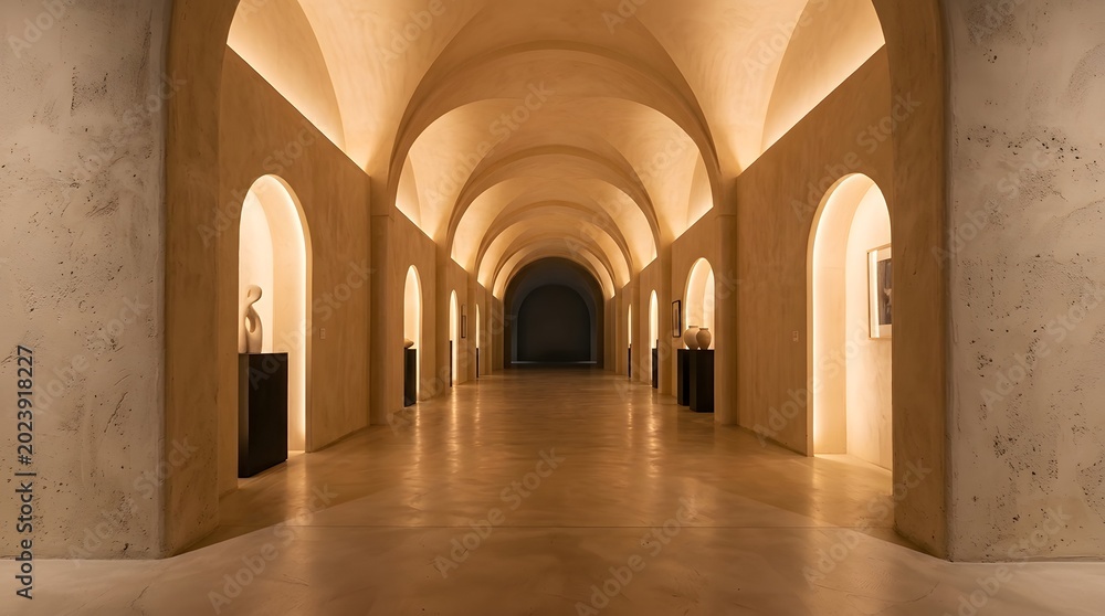 Fototapeta premium Modern Gallery Hallway with Art Exhibits and Architectural Lighting