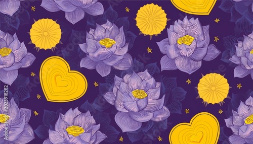 seamless background with purple lotus flowers and yellow heart for buddhism floral offering in sri lanka temple