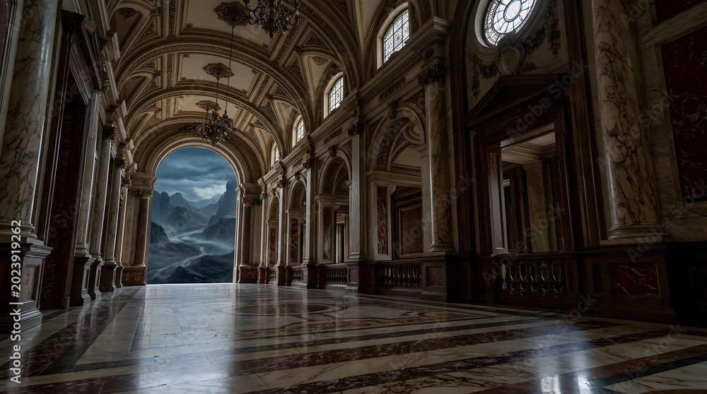 Obraz premium Grand Architectural Hallway with Dramatic Mountain View Background