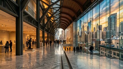 Modern Atrium Architecture View of Chicago City Skyline Sunset