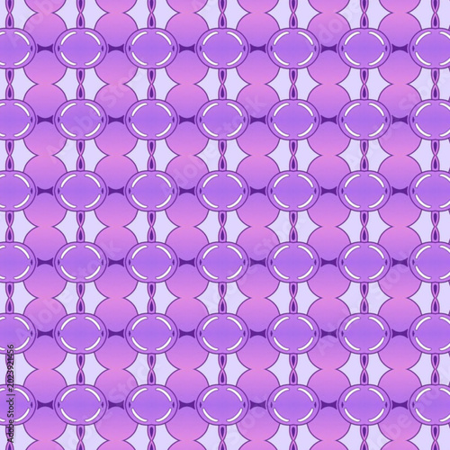 Purple seamless geometric bubble pattern with glossy circular shapes. Modern abstract wallpaper texture featuring symmetry, pastel gradients and retro design.