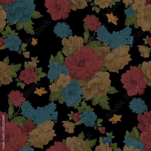 Muted vintage floral seamless pattern on a black background