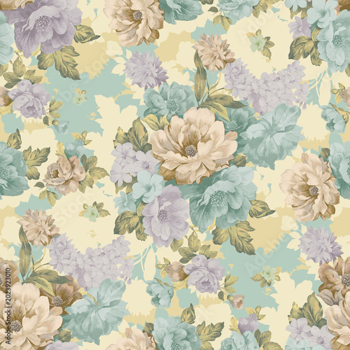 Seamless vintage watercolor floral pattern with romantic pastel roses