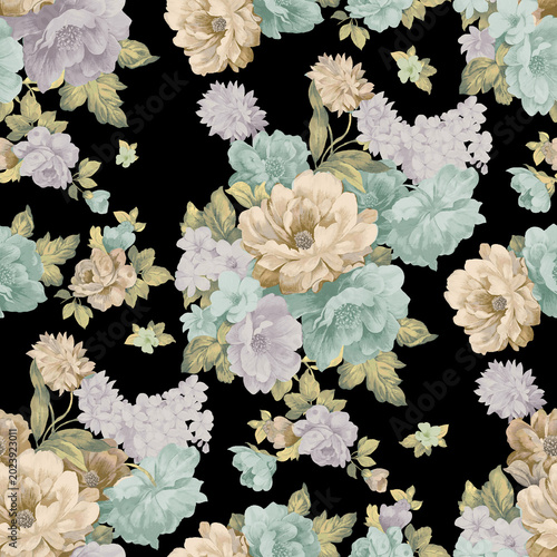 Vintage seamless floral pattern on dark black background