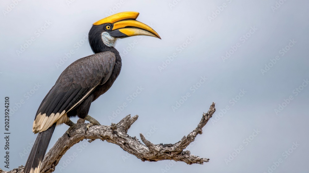 Obraz premium Great hornbill perched on bare branch against overcast sky, photorealistic