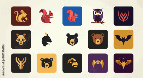 Photography Cute Animal Icons Set - Pixel Art Style, Vector Graphics