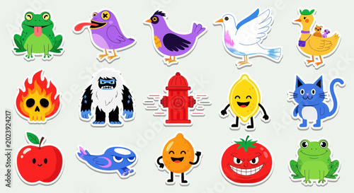 Fotografía Cute Cartoon Characters Sticker Pack: Animals, Food, Objects