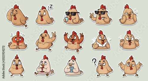 Funny Chicken Emoticons Set - Cute Cartoon Chicken Expressions
