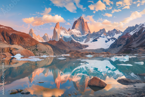 Patagonia, Argentina. Hyper-detailed wide angle view of Mount Fitz Roy peaks and turquoise lake