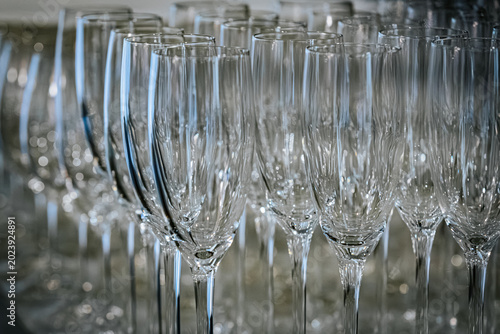 Photos Row of elegant champagne flutes arranged in a neat formation, showcasing their c