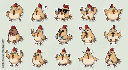 Obraz na płótnie Cute Cartoon Chicken Stickers Set: Various Emotions and Actions