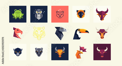 Canvas Print Collection of Stylized Animal Icons and Logos, Flat Design, Pixel Art Style