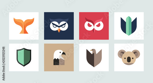 Set of modern flat icons for logos and branding: animals and shields