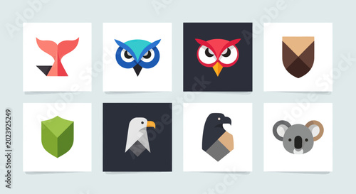 Set of stylized animal icons and emblems, flat design, vector graphics
