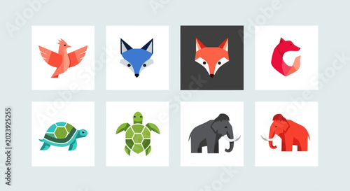 Set of Geometric Animal Icons - Fox, Elephant, Bird, Turtle, Mammoth