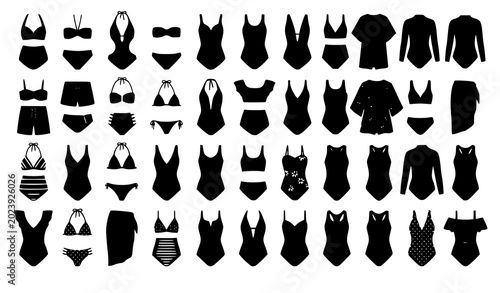 Fotografie Different swimsuits collection vector illustration beachwear set isolated on whi